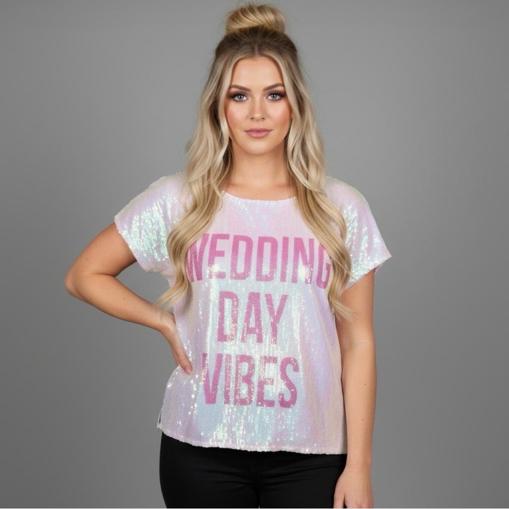 Hayley Paige Wedding Day Vibes Iridescent Sequin Bridal Short Sleeve Top Small